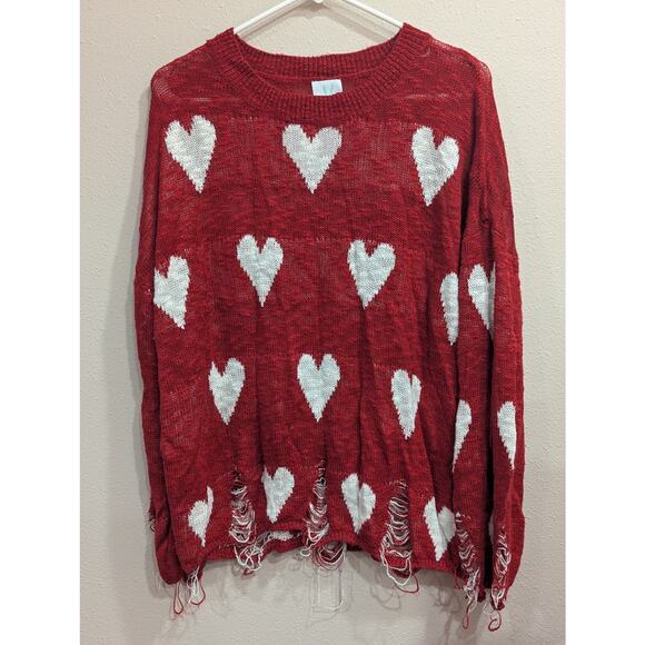 Cute red intentionally distressed heart graphic knit sweater and scalloped hem M - Picture 1 of 11